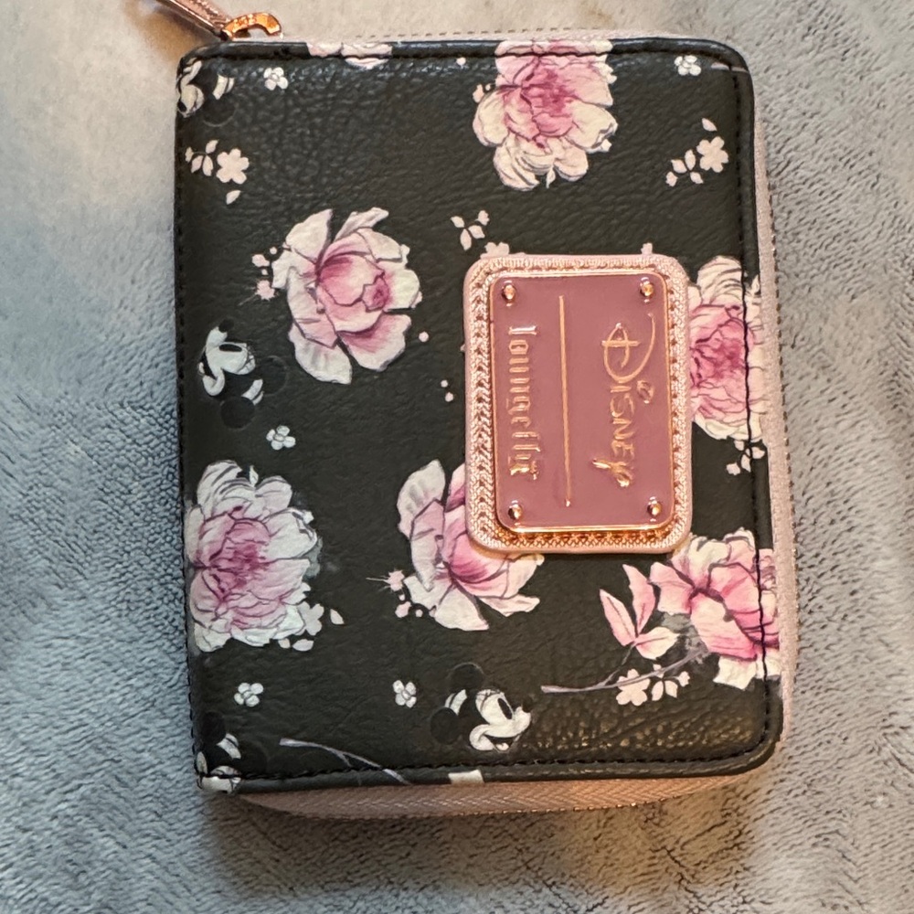 Loungefly Black and Pink Floral Minnie Wallet